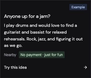Neeed’s fictional example of a drummer looking for people to jam with.
